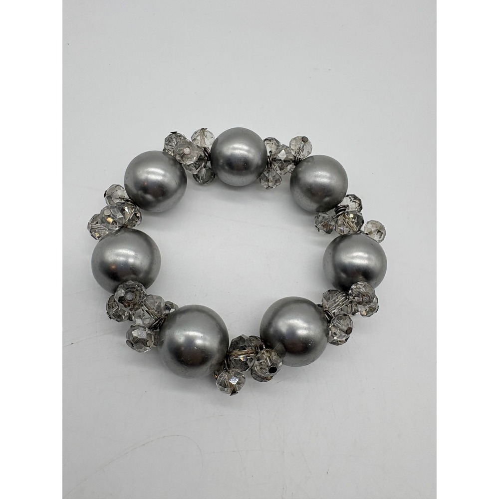 Chunky‎ Silver Faux Pearl and Faceted Crystal Beaded Stretch Statement Bracelet